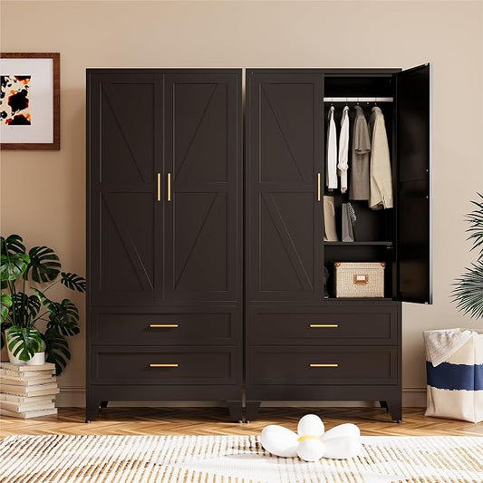 COFaR Black Metal Wardrobe Closet with 2 Drawers, 71" Steel Armoire Cabinet with Hanging Rod & Adjustable Shelf, Modern Freestanding Closet Organizer with Doors
