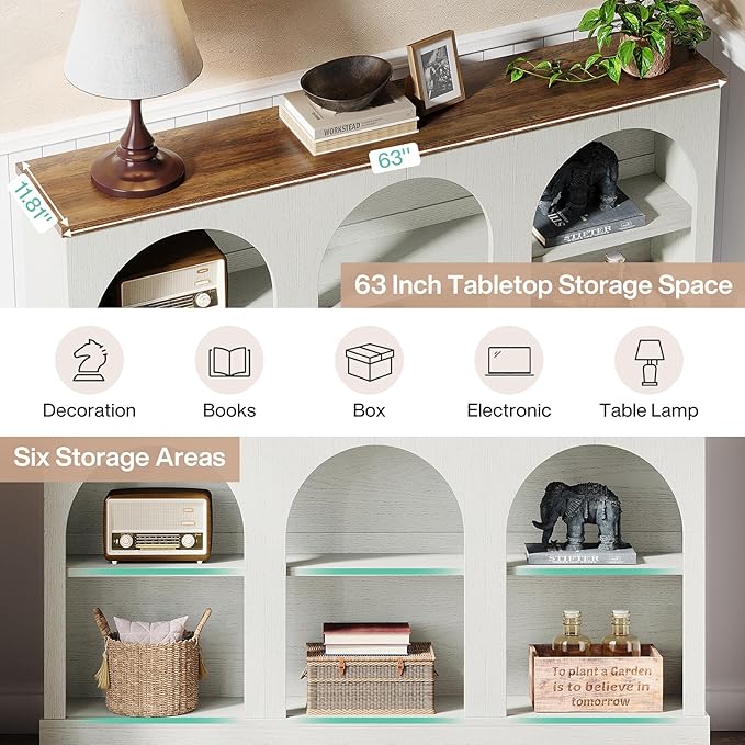 Tribesigns Farmhouse Console Table, 63-Inch Long Entryway Table with 3 Tier Storage, Wooden Rectangular Sofa Table Behind The Couch for Entrance, Hallway, Living Room, Off-White and Brown
