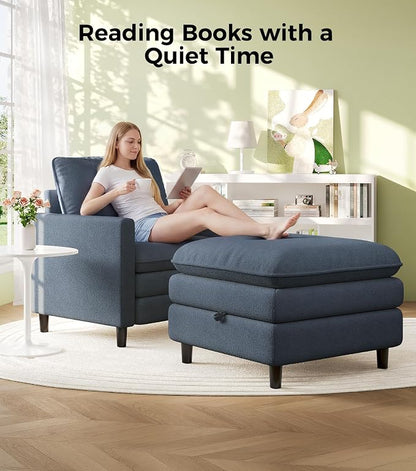 Welzona 3-Layers Cloud Accent Chair with Ottoman, 33" Comfy Reading Chair for Bedroom, Living Room, Tool-Free Assembly with Teddy Fabric Arm Chairs and Ottoman Set, Blue Grey, Removable Washable Cover