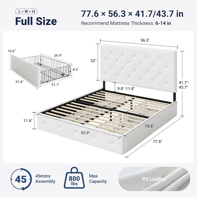 Allewie Upholstered Full Size Platform Bed Frame with 4 Storage Drawers and Headboard, Diamond Stitched Button Tufted, Mattress Foundation with Wooden Slats Support, No Box Spring Needed, White