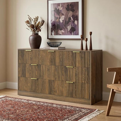 Walnut 7 Drawer Dresser for Bedroom, 55" Wide Fluted Chest of Drawers with Gold Metal Handles, Modern Wood Dresser Closet Storage Organizer Mid Century TV Stand for Living Room Hallway