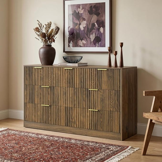 Walnut 7 Drawer Dresser for Bedroom, 55" Wide Fluted Chest of Drawers with Gold Metal Handles, Modern Wood Dresser Closet Storage Organizer Mid Century TV Stand for Living Room Hallway