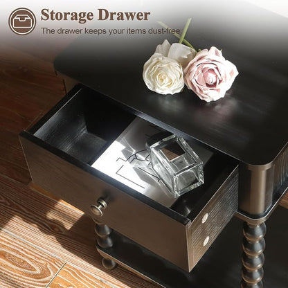 AWASEN Black Nightstand, Bedroom Side Table with Drawer for Living Room, Small Bedside End Table with Spindle Wood Legs for Bedroom, Office, Black