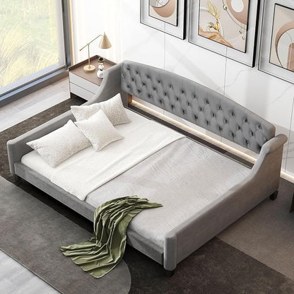 Ball & Cast Full Size Daybed, Velvet Upholstered Day Bed Frame with Button Tufted Backrest,Modern Sofa Bed for Living Room, Bedroom,Guest Room,No Box Spring Needed,Gray