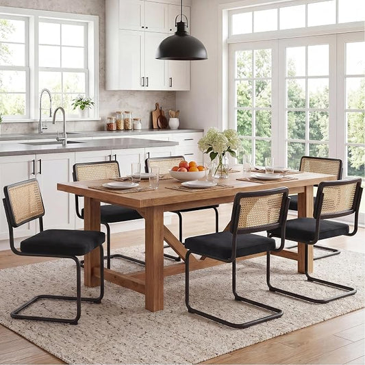 Zesthouse Rattan Dining Chairs Set of 6, Mid Century Modern Dining Room Chairs with Natural Cane Mesh & Black Base, Black Cesca Chair Velvet Fabric, Farmhouse Kitchen Chair with Solid Wood Frame Back