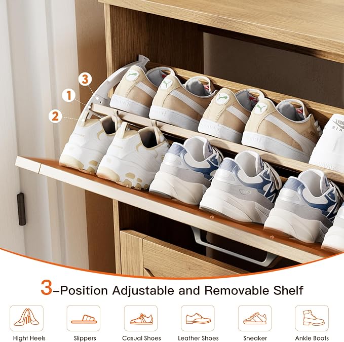 Nicetree 3-Drawer Flip Shoe Storage Tower – Slim-Profile Freestanding Rack with Adjustable 3-Tier Shelving, Rustic Shaker Barn Door Style, and Warm Caramel Finish – Compact Boot & Shoe Organizer