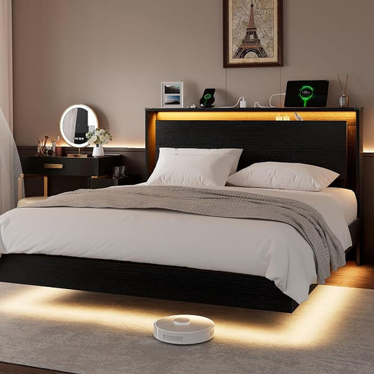 Einhomn Bed Frame Queen Size with LED Lights & Charging Station – Kids Wood Floating Queen Bed Frame with Storage Headboard, Adhesive Slats, Kick-Free & Noise-Free Design, Easy Assembly, Black