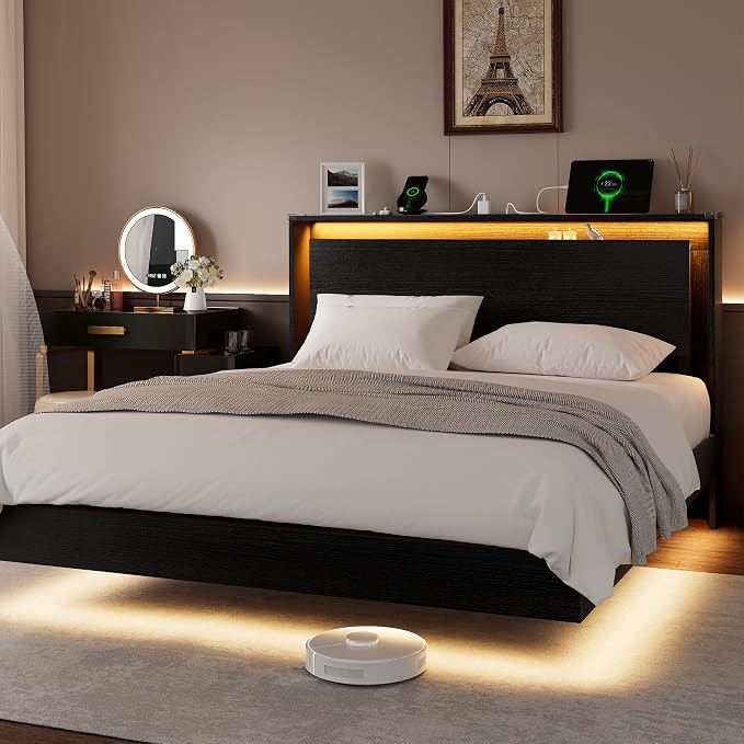 Einhomn Full Size Bed Frame with LED Lights & Charging Station – Kids Wood Floating Bed Frame with Storage Headboard, Adhesive Slats, Kick-Free & Noise-Free Design, Easy Assembly, Black