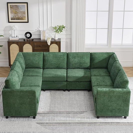 104'' U Shaped Modular Sofa, Sectional Couches with Storage for Living Room, Oversized 8 Seater Cloud Sectional Couch, Chenille Dark Green