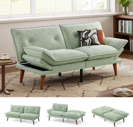 LINSY HOME Futon Sofa Bed, 70" Chenille Futon Couch with Adjustable Backrest Armrest, 3 in 1 Convertible Comfy Loveseat Sleeper Sofa Bed for Small Spaces Dorm Room Apartment Home Office, Light Green