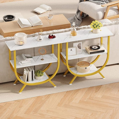 Trironsun 3 Tier Console Table with Storage 30" Height Entryway Table with Open Shelves Industrial Sofa Table Behind Couch for Living Room Hallway Entrance (Gold White)