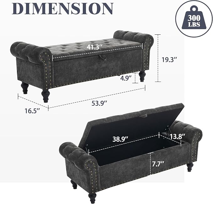55" Storage Bench for Bedroom, Upholstered Ottoman Bench, Chenille DarkGray | End of Bed Bench for Bedroom, Window Benches for Living Room, Entryway, Ottoman with Large Storage Space, Pet Friendly