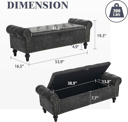 55" Storage Bench for Bedroom, Upholstered Ottoman Bench, Chenille DarkGray | End of Bed Bench for Bedroom, Window Benches for Living Room, Entryway, Ottoman with Large Storage Space, Pet Friendly