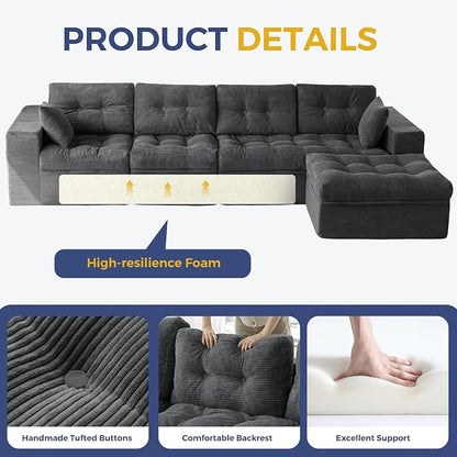 MAXYOYO 132" L Shaped Modular Sectional Sofa with Ottoman, Cloud Boneless Couch with Layered Cushion, Upholstered Sofa in a Box, Flexible Module Combination for Living Room, No Assembly, Dark Grey