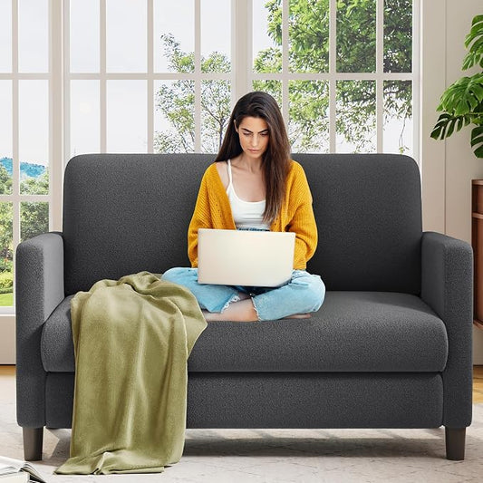 Welzona Loveseat, 51" Small Couch, Comfy Teddy Love Seat for Living Room, Tool-Free Setup Loveseat Sofa for Small Spaces, All-Wood Small Sofa Couch for Bedroom, Grey