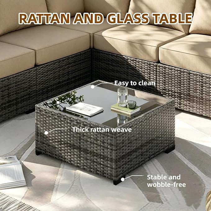 MOCHITO 5 Pieces Outdoor Patio Furniture Sets, All-Weather Sectional Sofa Grey PE Rattan Wicker Conversation Set with Glass Table and Washable Khaki Cushions for Backyard,Sunroom,Garden,Porch