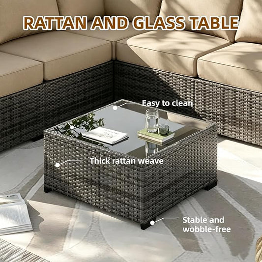 MOCHITO 5 Pieces Outdoor Patio Furniture Sets, All-Weather Sectional Sofa Grey PE Rattan Wicker Conversation Set with Glass Table and Washable Khaki Cushions for Backyard,Sunroom,Garden,Porch