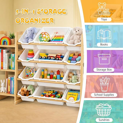 Toy Storage Organizer with 12 Bins & 3-Tier Bookshelf - White | 12 Removable Bins Keep Toys Sorted; 3-Tier Kids Bookshelf Creates Easy-Access Storage for Kids Rooms and Playrooms