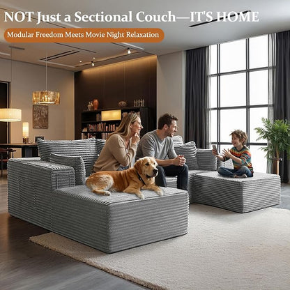 108" Oversized Cloud Sectional Couch, Comfort U Shaped Boneless Couch for Living Room, Extra Deep Seats No Assembly, Modular Sofa, Corduroy (Light Grey, 2 Seater+Right Facing Chaise+Ottoman)