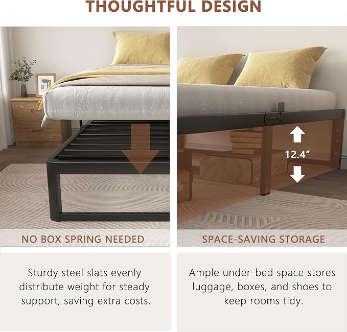 ZTH Queen Size Metal Platform Bed Frame 14 in, No Box Spring Needed, Black | Heavy duty support, Underbed storage, Noise-free design, Anti-slip clips, Rounded legs, Easy assembly, Headboard compatible