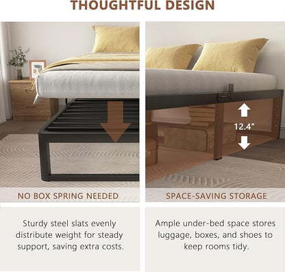 ZTH Queen Size Metal Platform Bed Frame 14 in, No Box Spring Needed, Black | Heavy duty support, Underbed storage, Noise-free design, Anti-slip clips, Rounded legs, Easy assembly, Headboard compatible