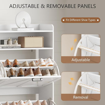 Shoe Cabinet with 4 Flip Drawers, Freestanding Hidden Shoe Storage Organizer for Entryway, Narrow Slim Shoe Rack Cabinet with Open Storage & Hooks for Front Door Entrance, Living Room, Hallway, White