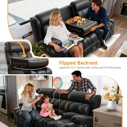 Loveseat Recliner Sofa with Flip Backrest Design, 3 Seat RV Recliner Sofa with USB Ports & Pockets, Wall Hugger Reclining Loveseat with Cup Holders & Drawer, RV Couch for Home Theater Seating