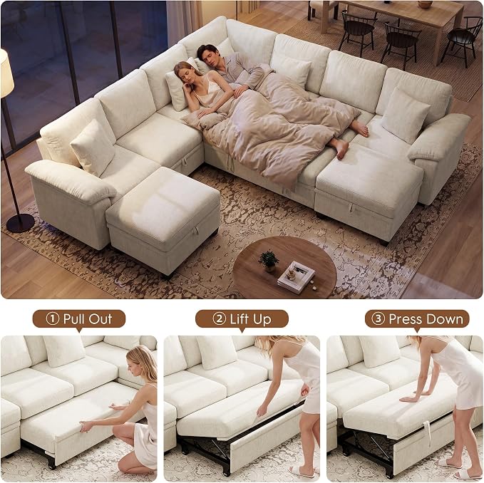 Ihanherry 108" Modular Sectional Sofa with Pull Out Bed, 9-Seater U Shaped Sectional Sleeper Couch with Storage, Chenille Convertible Couches for Living Room, Apartment (Beige)