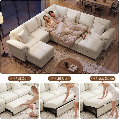 Ihanherry 108" Modular Sectional Sofa with Pull Out Bed, 9-Seater U Shaped Sectional Sleeper Couch with Storage, Chenille Convertible Couches for Living Room, Apartment (Beige)