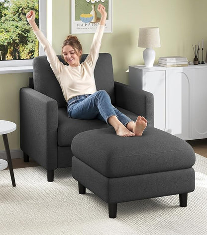 Welzona Sofa Accent Chair with Ottoman, 33" Reading Chair and Ottoman Set for Bedroom, Tool-Free Setup Living Room Accent Chairs, Comfy Arm Chairs Living Room, All-Wood Reading Nook, Grey
