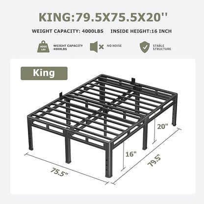 NKZ King Size Bed Frame 20 Inch, Metal Bed Frame & Box Spring 2 in 1 Platform with Round Corner Legs, 4000lbs Weight Capacity Reinforced Metal Frame, Headboard Hole, Noise-Free, Easy Assembly