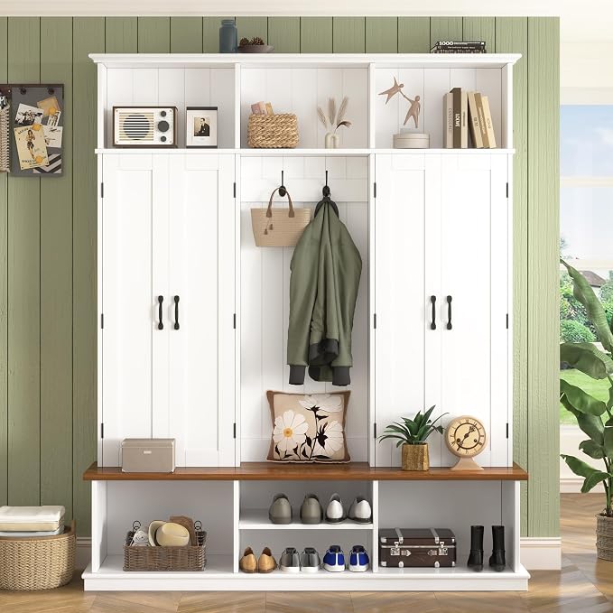 62.2" W Hall Tree with Bench and Shoe Storage,Shoe and Coat Rack with Cabinets and Hooks,Farmhouse Furniture for Entryway,Mudroom,Living Room,White