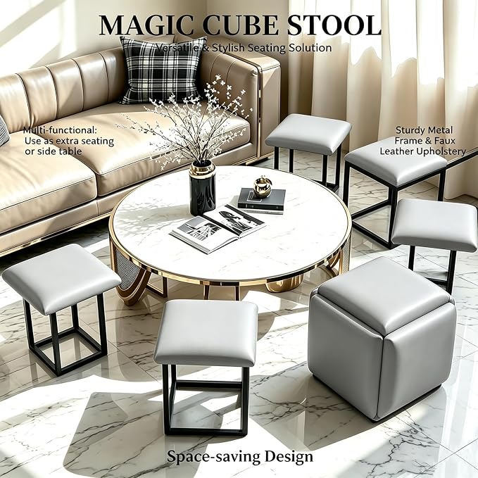 5 in 1 Nesting Ottoman Cube Chair, Stackable Stools, Leather Square Ottoman Bench, Foot Stool with Wheels for Living Room,Dining Room 15.75x15.75x16.54 inches