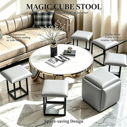 5 in 1 Nesting Ottoman Cube Chair, Stackable Stools, Leather Square Ottoman Bench, Foot Stool with Wheels for Living Room,Dining Room 15.75x15.75x16.54 inches