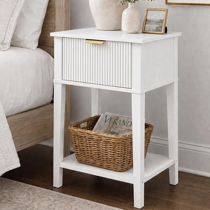 Modern Fluted Small Wood Nightstand, 11.8" Deep x 15.4" Narrow Bedside Table with Drawer & Open Shelf, Farmhouse Chic Accent Side Table for Bedroom & Sofa - White | Bright white tone, ribbed fluted front, 11.8-inch slim depth, concealed storage, clean ...