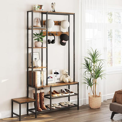 Espelism Hall Tree with Shoe Storage Bench Coat Rack with 7 Hooks Interchangeable 4 Tier Side Storage Shelves Small Cute Side Bench Industrial 5-in-1 Entryway Coat Rack for Hallway Mudroom Bedroom