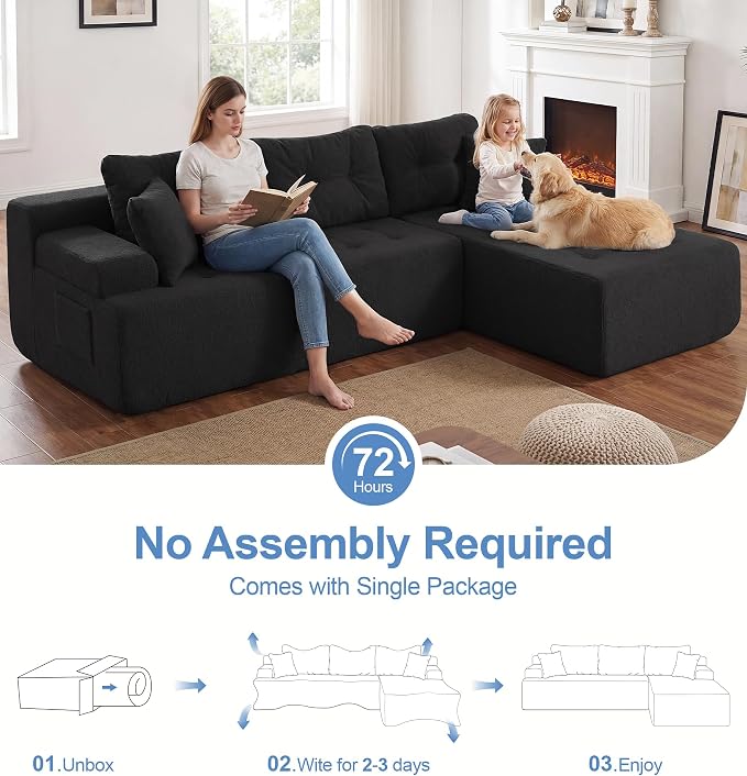 Hobestluk Modular Sectional Sofa Couches L-Shape Couch 3 Seat Modular Sofa Memory Foam Sectional Couches for Living Room, Cloud Couch with Oversized Chaise (Black Tufted, 108", Right Hand Facing)