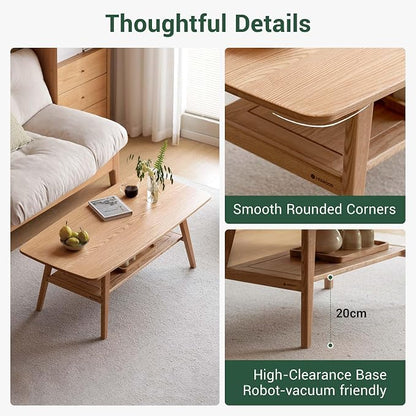 100% Solid Wood Coffee Table for Living Room, 47.24" Mid Century Modern Tables with Shelf Storage, 2-Tier Coffee Table with Rounded Corners (Oak Wood Log Color, 47.24" L)