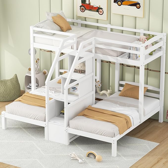 VilroCaz Twin Size Triple Bunk Bed with Built-in Staircase and Storage Drawer, Solid Wood Bunk Bed Frame with Safety Full-Length Guardrail for 3, Bedroom Guest Room Home Furniture