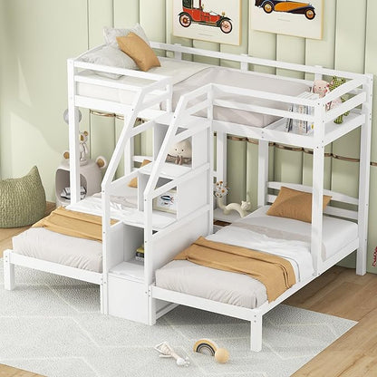 VilroCaz Twin Size Triple Bunk Bed with Built-in Staircase and Storage Drawer, Solid Wood Bunk Bed Frame with Safety Full-Length Guardrail for 3, Bedroom Guest Room Home Furniture