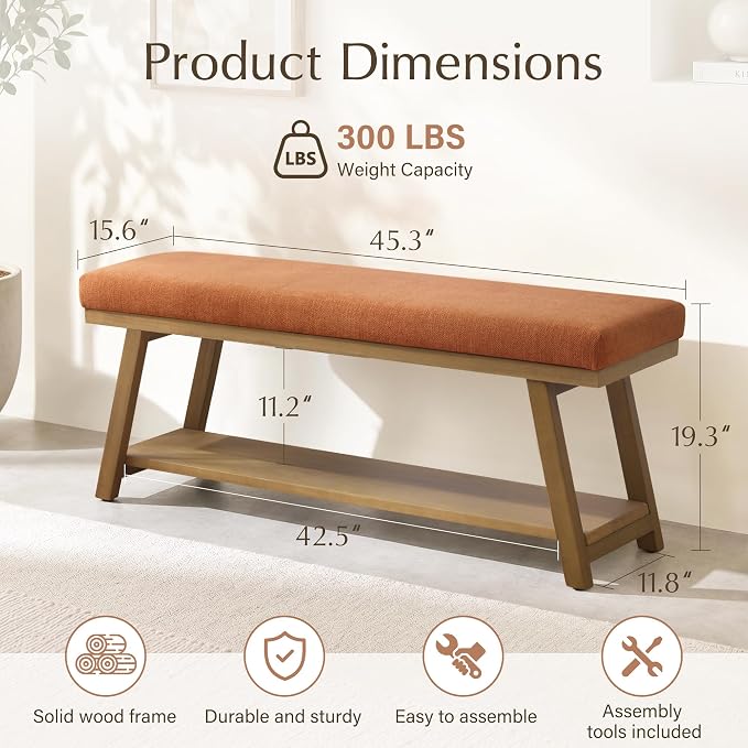 Zihanhome 45" Entryway Bench Upholstered Storage Bench for Bedroom Shoe Rack Bench for Living Room, Hallway, Mudroom, Balcony, Sturdy Indoor Bench Seat Holds Up to 300 lbs (Orange)
