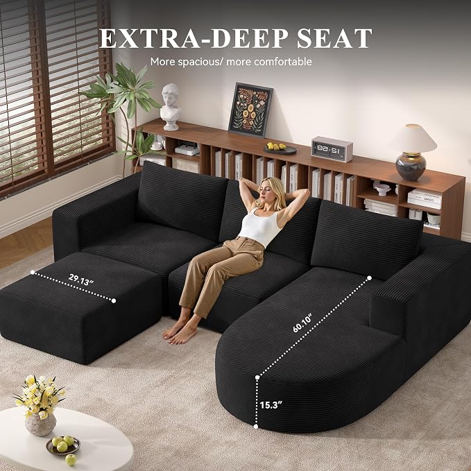 Boneless Couches for Living Room with Chaise,104" Modular Sectional Sofa with Convertible Ottoman,Cozy Cloud Couch with U-Shaped,Sponge Compression Sofas in a Box,No Assembly Required(Black) 1pcs