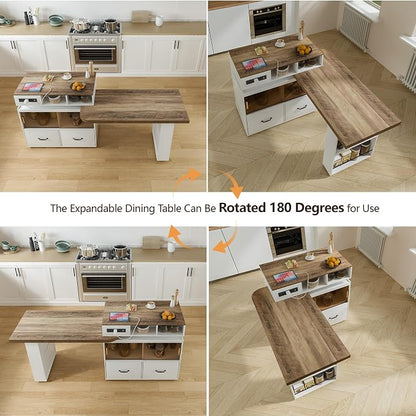 Kitchen Islands with Extendable Dining Table Rolling Islands Power Outlet Mobile Storage Islands Cart on Wheels with Drawers and 2 Side Open Shelves for Dining Room, White