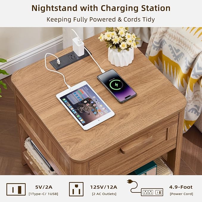 Joaxswe Farmhouse Night Stand Set of 2 with Charging Station, Wood Bed Side Tables Bedroom Set of 2 with Drawer & Open Storage Shelf, Brown