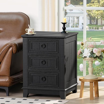 Joaxswe 18" Farmhouse Night Stand with 3 Drawers, Wood End Table Dresser for Bedroom, Black Nightstand, Bed Side Table with Metal Handle, Bedside Cabinet for Bedroom Living Room, Closet