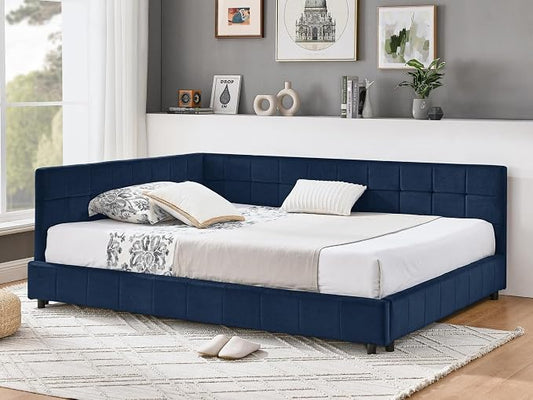 KEIKI Full Size L Shape Corner Bed Frames with Backrest and Armrests, Velvet Upholstered Sofa Daybed for Small Room, Living Room, Bedroom, Guest Room, Kids' Room