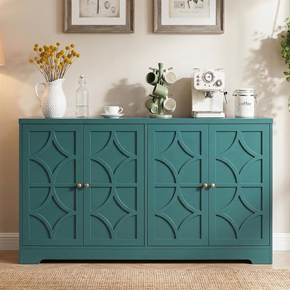 RoyalCraft Sideboard Buffet Cabinet with Storage, 56" Modern Sideboard with 4 Carved Doors, Large Wood Coffee Bar Console Table for Kitchen, Dining Room, Entryway, Living Room, Turquoise Blue