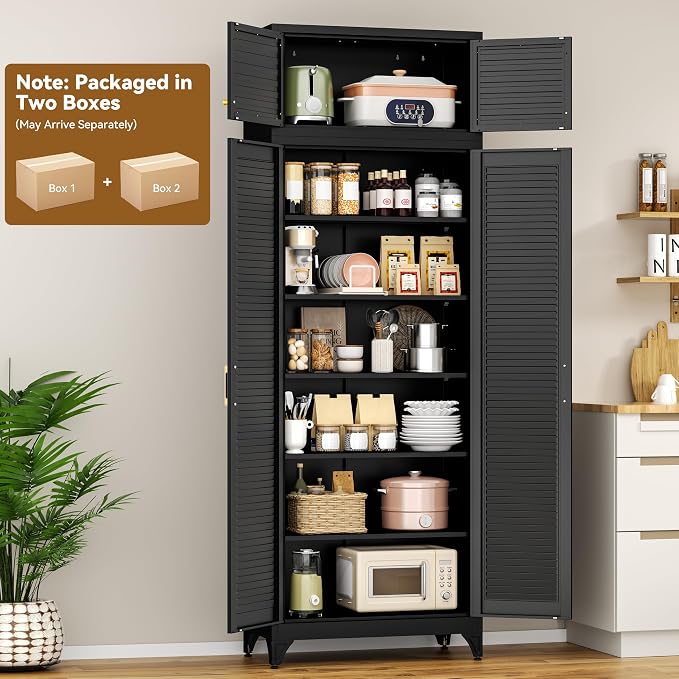 Polup 90" Tall Metal Kitchen Pantry Storage Cabinet with Doors and Shelves | Black Heavy Duty Steel Cabinet,Golden Handle,5 Adjustable Shelves,Louvered Doors,Anti-tipping,2 packages,garage,Dining room