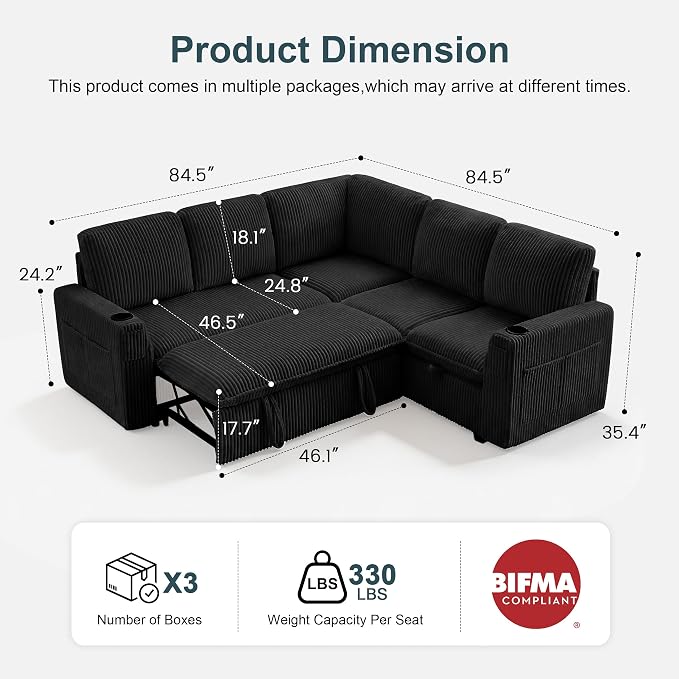 Sectional Sleeper Sofa with Pull Out Bed, Plush Corduroy 5 Seat Modular Sectional Sofa with Storage Chaise and Adjustable Backrest, Cloud Couches for Living Room, Apartment, Black