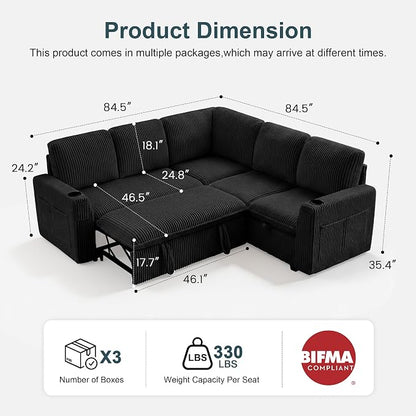 Sectional Sleeper Sofa with Pull Out Bed, Plush Corduroy 5 Seat Modular Sectional Sofa with Storage Chaise and Adjustable Backrest, Cloud Couches for Living Room, Apartment, Black